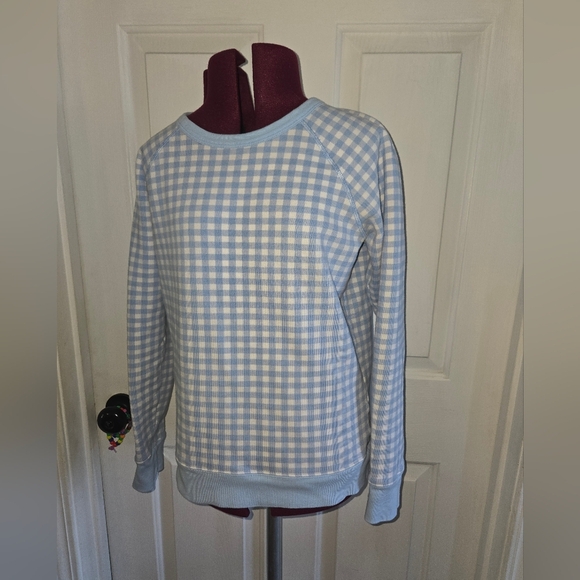 Draper James Fall Light Blue Cotton Small Gingham Crewneck Natalie Sweatshirt - Picture 2 of 9